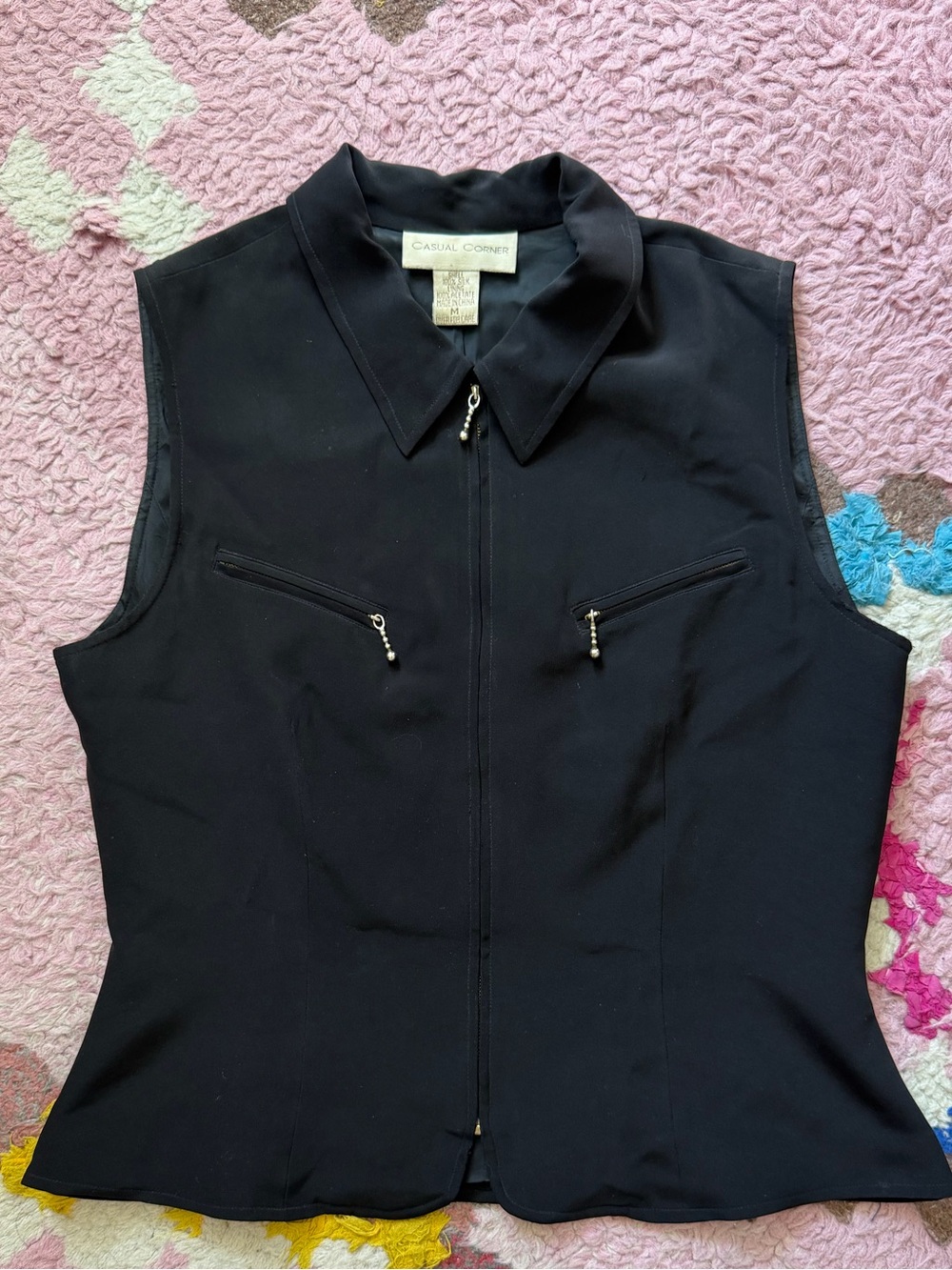 Casual Corner Black Sleeveless Zip-Front Collared Top